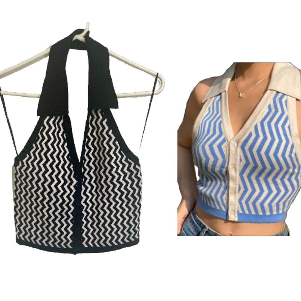 Sweet Republic Black White Chevron Retro Knit Halter Sweater Vest Crop Top Y2K